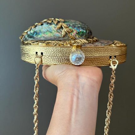 Luxury Abalone Shell & Gold Clutch | Elegant Mother of Pearl Handbag | Unique Statement Evening Bag with Chain