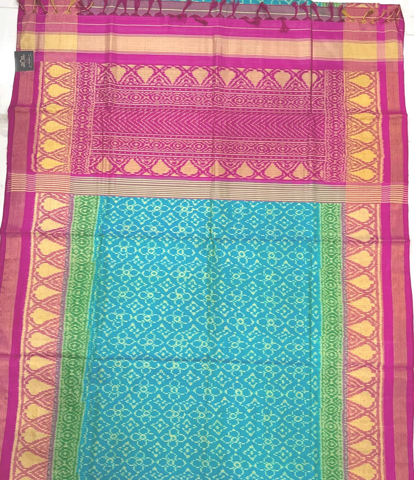 Handloom Rajkot Patol silk saree  with pure silk weaving sareepaired with running silk blouse l  Firozi blue/Magenta pink