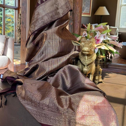 Coffee color  Pure Silk Kanjivaram Saree With Jaali Pattern | SILK MARK CERTIFIED