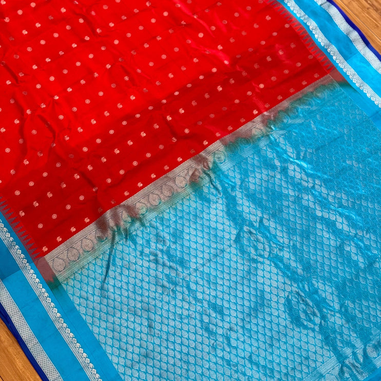 Pure handloom Gadwal Silk Saree | 100% Pure Silk | Silk Mark Certified | Bright Red with Firozi Blue border
