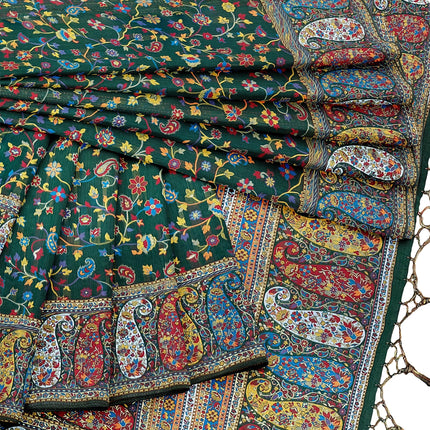 Kashmiri Kalamkari Saree on Premium quality Cotton Silk|Painting with weaving all over |bottl with multicolor floral|Fall Pico tassels done