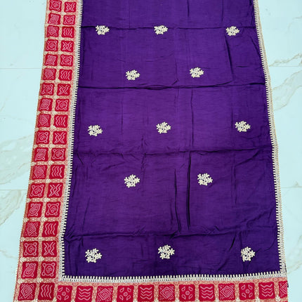 100% Pure Bandhani silk saree|Embroidered  handwork Saree/ Gharchola Pattern/ Purple color with Rani pink border /fall pico done