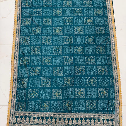 Bandhani silk saree|Embroidered  handwork Saree/ embroidery all over Saree/ Rama color with  Yellow border /fall pico done