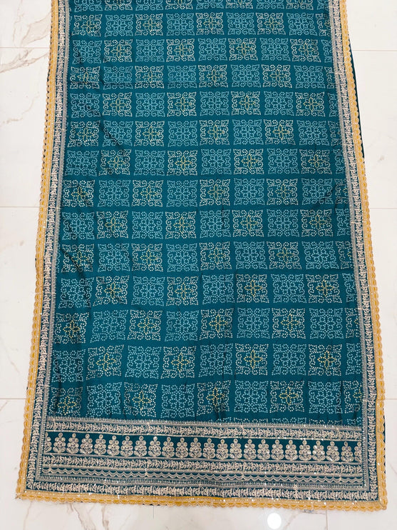 Bandhani silk saree|Embroidered  handwork Saree/ embroidery all over Saree/ Rama color with  Yellow border /fall pico done