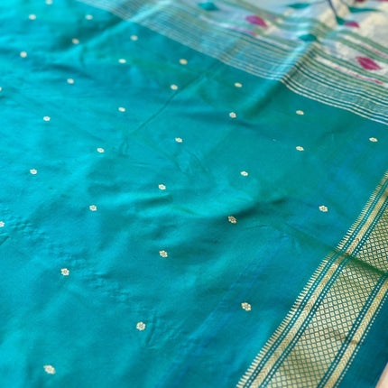 Authentic Maharani Paithani from Yeola| 100% handwoven Pure Silk saree in Seagreen  with light Rama border|Silk Mark Certified