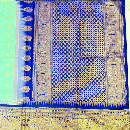 Pure handloom Gadwal semi-Silk Saree | Silk | Seagreen  with Ink Blue border