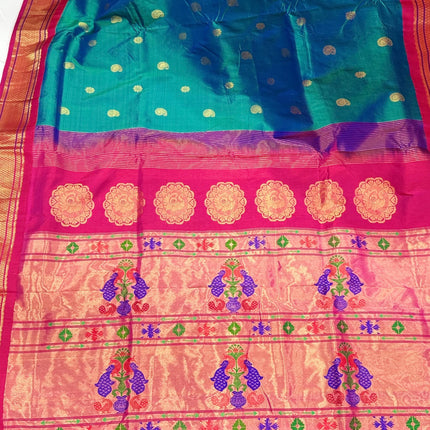 Authentic Kadiyal  Paithani from Yeola| Pure Silk saree in with Duel Rama/ Seagreen  Magenta border with Gold  border|Silk Mark Certified