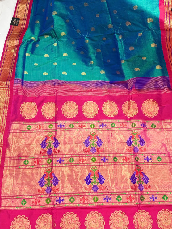 Authentic Kadiyal  Paithani from Yeola| Pure Silk saree in with Duel Rama/ Seagreen  Magenta border with Gold  border|Silk Mark Certified