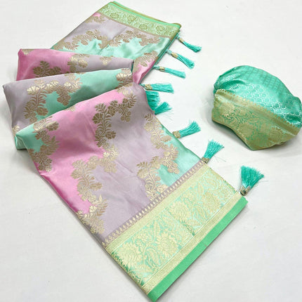 Handloom Banarasi satin silk saree  with Rangkat satin handloom weaving all over the saree paired with satin silk blouse|Pista pink lavender