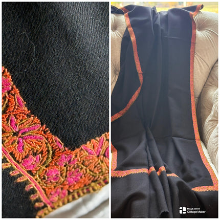 Premium Pashmina Shawl with Intricate Border with fine hand embroidery|Very Soft| 100% Pure Pashmina Handmade Shawl | black