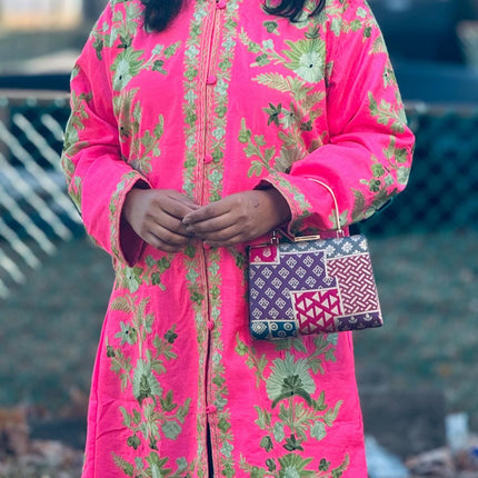 Luxury Aari /Tussar Silk Ladies long Jacket | woven Kashmir Artwear | Statement fashion wear | Kashmir Winter Dresses|kneee length| size 42