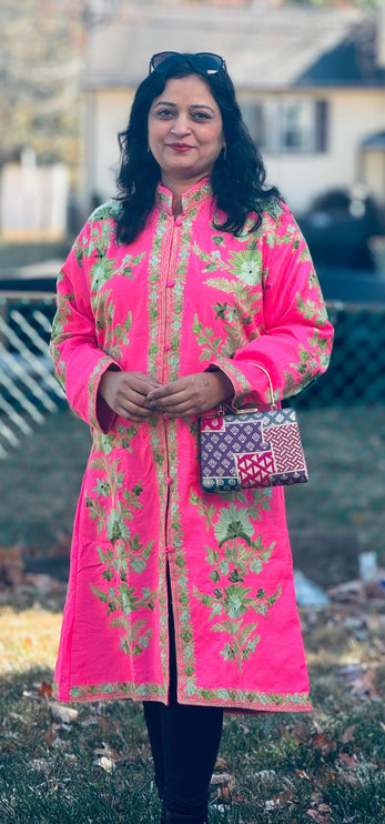 Luxury Aari /Tussar Silk Ladies long Jacket | woven Kashmir Artwear | Statement fashion wear | Kashmir Winter Dresses|kneee length| size 42