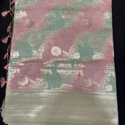 Handloom Banarasi Linen cotton saree  with Rangkat handloom weaving all over the saree | paired with  blouse | Pink/Pista light gold zari