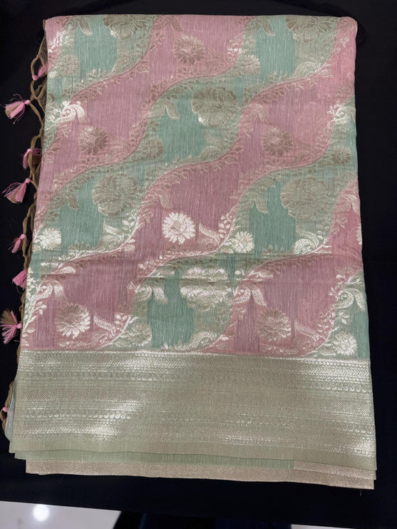 Handloom Banarasi Linen cotton saree  with Rangkat handloom weaving all over the saree | paired with  blouse | Pink/Pista light gold zari