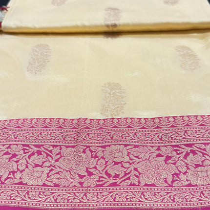 Pure Banarasi Kaduwa Silk Saree | Motifs weaving and beige pearl / dusty pink  border | Hand Woven | Lock weaving| Silk Mark certified