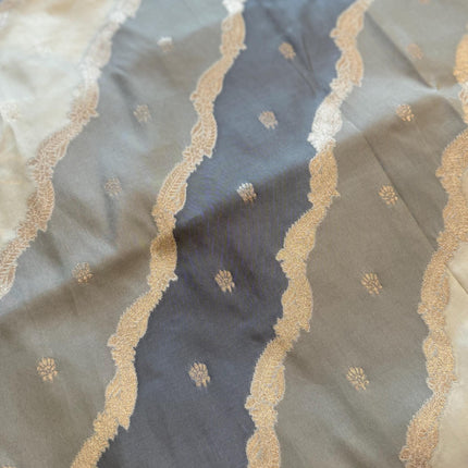 Banarasi Rangkat Silk Saree |Stripes/ small motif weaving all over the saree | Grey/ Beige /with  light golden intricate border