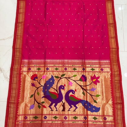 Authentic Maharani Paithani from Yeola| 100% handwoven Pure Silk saree in Rani pink with Red border|Silk Mark Certified
