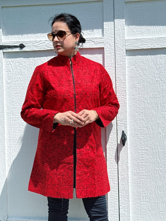 Vintage Kashmiri Embroidered | Black and Red Jacket|Aari work all over|Heap length| size 44