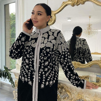 Luxury Pearl /velvet Ladies Short  Jacket | woven Kashmir Artwear | Statement fashion wear | Kashmir Winter Dresses|kneee length| size XL