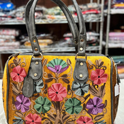 Kashmiri Embroidered Aari work Handbags | short handle | Large Sling Shoulder velvet | suede leather