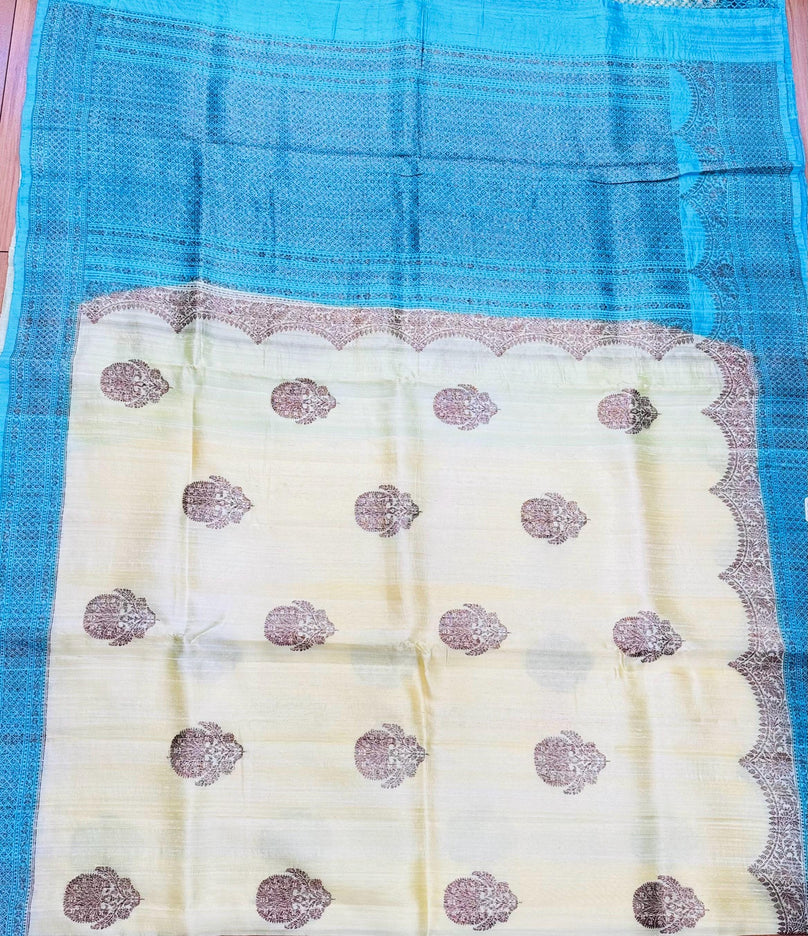 Pure Banarasi Kaduwa Tussar Silk Saree | Motifs weaving and Lemon with Sky blue  border | Hand Woven | Lock weaving| Silk Mark certified