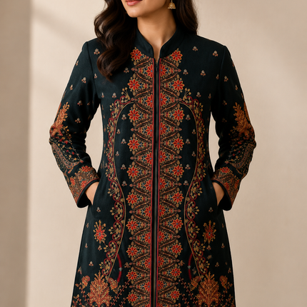 Hand Embroidered Kashmiri Woolen Jacket Set | Bottle Green, Size 40-42