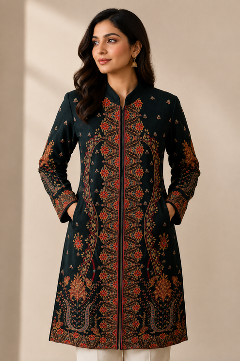 Hand Embroidered Kashmiri Woolen Jacket Set | Bottle Green, Size 40-42