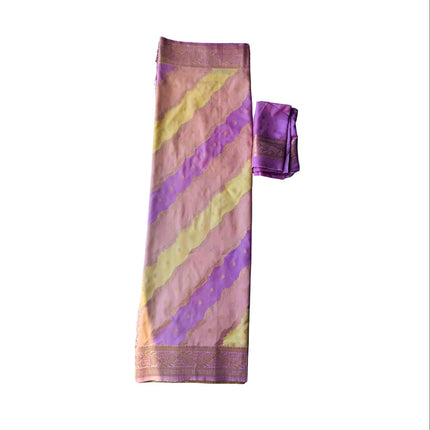 Banarasi Rangkat Silk Saree |Stripes small motif weaving all over|Lemon/Baby Pink/Light Lavender intricate border| fall pico tassels done