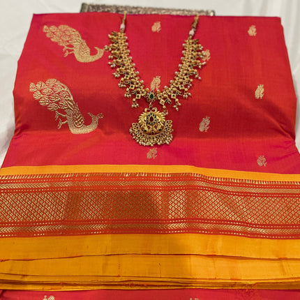 Authentic Paithani from Yeola | 100% handwoven Pure Silk saree |Light Orange|Dual shade|Yellow Border|Silk Mark Certified