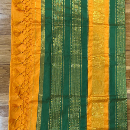 Diwali Special Sale!!! Original Narayan Peth 100% pure silk Saree from Yeola - Mango Yellow with green border|Fall Pico Tassels done