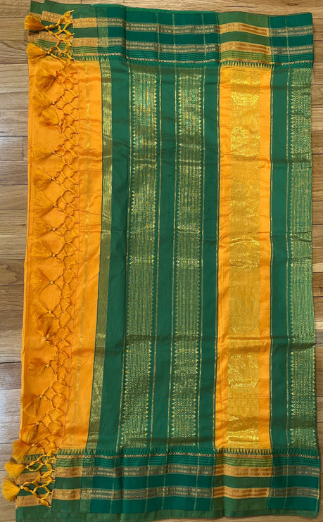 Diwali Special Sale!!! Original Narayan Peth 100% pure silk Saree from Yeola - Mango Yellow with green border|Fall Pico Tassels done