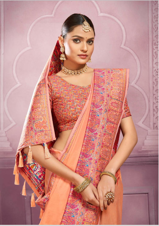 Kashmiri Kani embroidered kudos Silk Saree - Authentic Kashmiri kani work - multicolor | All over weaving