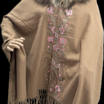 warm designer woolen poncho - a wearable masterpiece | light brown color| embroidered border| crystal, Pearls and jari combination