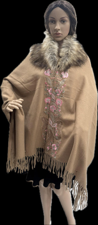 warm designer woolen poncho - a wearable masterpiece | light brown color| embroidered border| crystal, Pearls and jari combination
