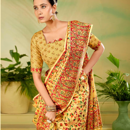 Kashmiri Kalamkari Saree on Premium quality Tussar Silk|Painting with weaving all over |Turmeric Yellow multicolor floral |Fall Pico tassels