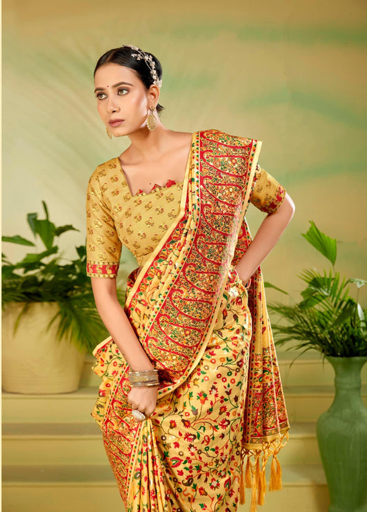 Kashmiri Kalamkari Saree on Premium quality Tussar Silk|Painting with weaving all over |Turmeric Yellow multicolor floral |Fall Pico tassels