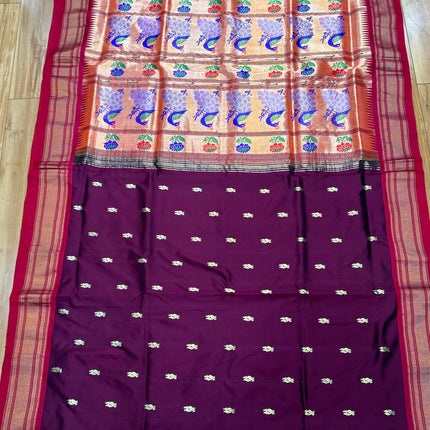 Authentic Maharani Paithani from Yeola| 100% handwoven Pure Silk saree in Maroon Color with light Deep Red border|Silk Mark Certified