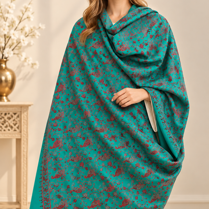 Rama Green Kashmiri Paisley Embroidered Shawl
