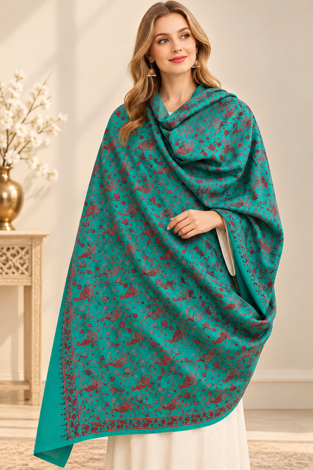Rama Green Kashmiri Paisley Embroidered Shawl