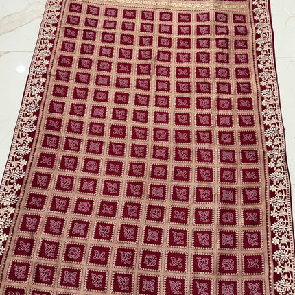 100% Pure Bandhani silk saree|Embroidered  handwork Saree/ Gharchola Pattern/ Maroon color /fall pico done