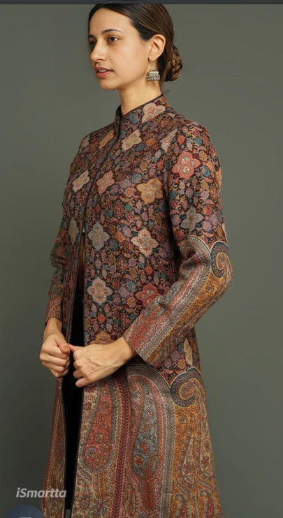 Luxury Kani/Jamawar  Woolen Jacket | woven Kashmir Artwear | Statement fashion wear | Kashmir Winter Dresses|knee length| size 42,44,48,50