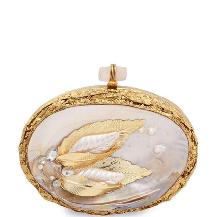 Elegant Mother of Pearl Seashell Clutch with Gold Trim – Handcrafted Evening Bag