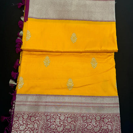 Pure Banarasi Kaduwa Silk Saree | Motifs weaving and bright yellow/magenta  border | Hand Woven | Lock weaving| Silk Mark certified