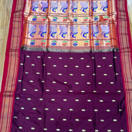Authentic Maharani Paithani from Yeola| 100% handwoven Pure Silk saree in Maroon Color with light Deep Red border|Silk Mark Certified