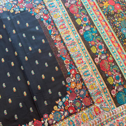 Kashmiri Gulistan Saree on Premium quality Cotton Silk |All over weaving | Black with Green  multicolor floral paisley