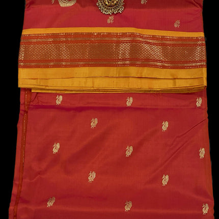 Authentic Paithani from Yeola | 100% handwoven Pure Silk saree |Light Orange|Dual shade|Yellow Border|Silk Mark Certified