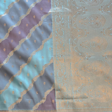 Banarasi Rangkat Silk Saree |Stripes small motif weaving all over | Aqua Blue/Grey/Light Lavender intricate border| fall pico tassels done
