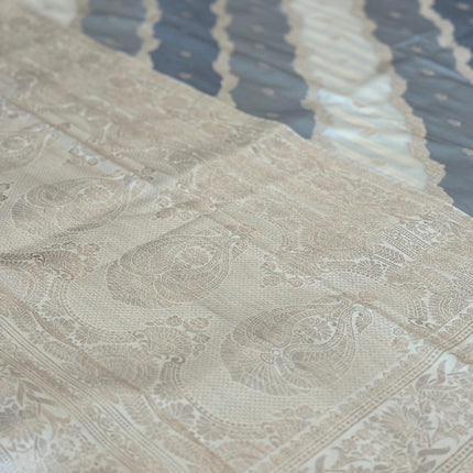 Banarasi Rangkat Silk Saree |Stripes/ small motif weaving all over the saree | Grey/ Beige /with  light golden intricate border
