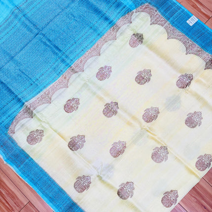 Pure Banarasi Kaduwa Tussar Silk Saree | Motifs weaving and Lemon with Sky blue  border | Hand Woven | Lock weaving| Silk Mark certified