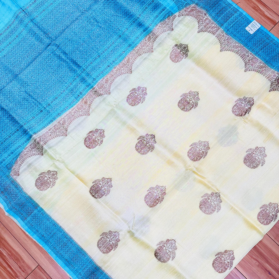 Pure Banarasi Kaduwa Tussar Silk Saree | Motifs weaving and Lemon with Sky blue  border | Hand Woven | Lock weaving| Silk Mark certified